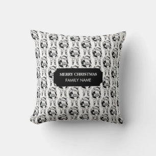 Christmas Vintage Black White Santa Custom Name Throw Pillow