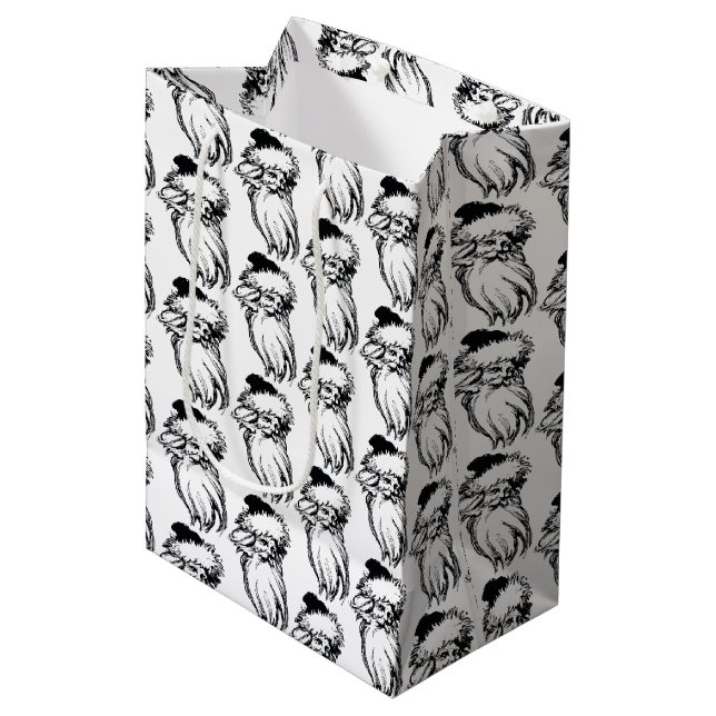 Christmas Vintage Black White Santa Medium Gift Bag (Front Angled)