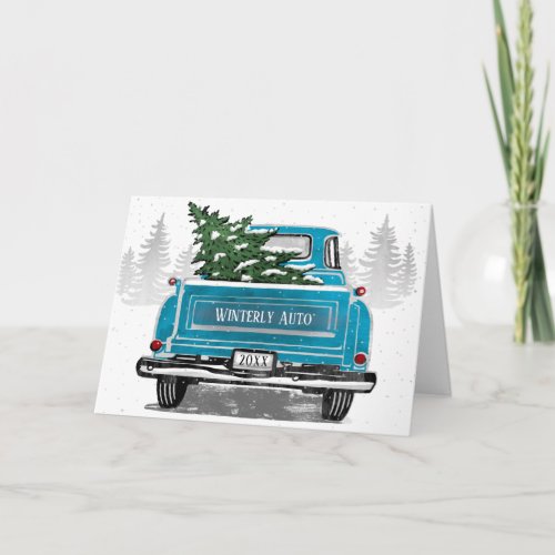 Christmas Vintage Blue Truck Business Corporate Holiday Card