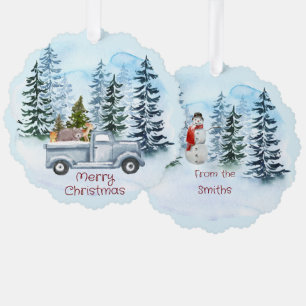 Christmas Vintage Blue Truck Winter Scene Ornament Card