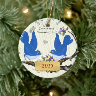 Christmas Vintage Bluebirds on Wood Grain Ceramic Ornament