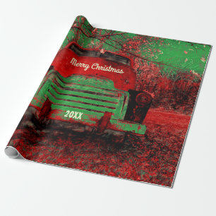 Christmas Vintage Bright Red Green Rustic Truck= Wrapping Paper
