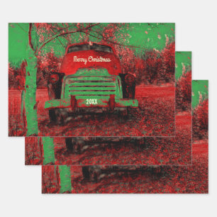 Christmas Vintage Bright Red Green Rustic Truck Wrapping Paper Sheets
