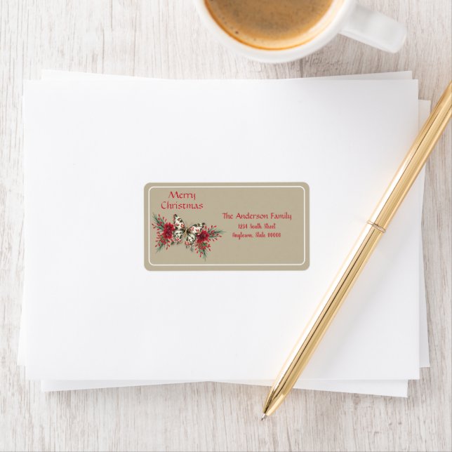 Christmas Vintage Butterfly Poinsettia Holiday Label (Insitu)