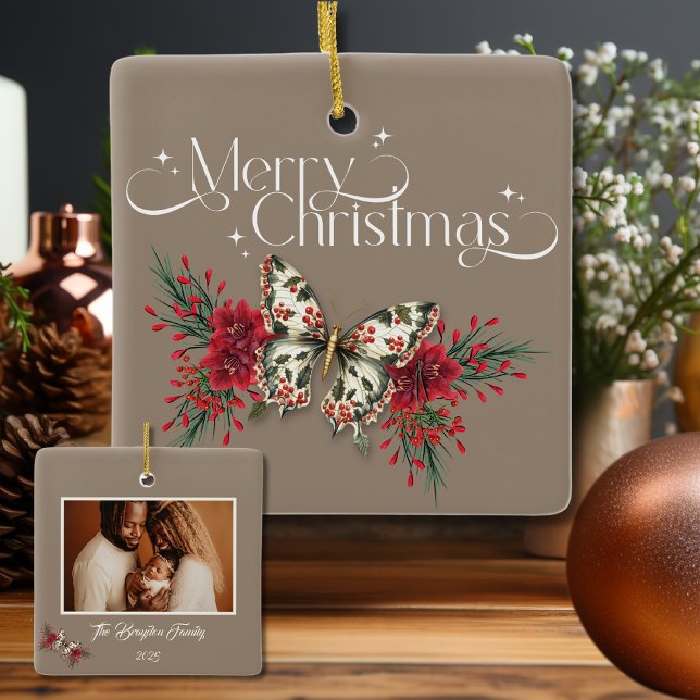 Christmas Vintage Butterfly Poinsettia Photo Ceramic Ornament (Creator Uploaded)