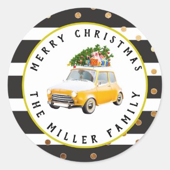 Christmas Vintage Car Striped Classic Round Sticker by ThreeFoursDesign at Zazzle
