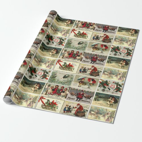 Christmas Vintage Cards Santa Claus Collage Wrapping Paper