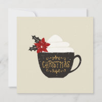 Christmas Vintage Coffee Cup Red Poinsettia Invitation