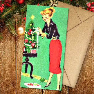 Christmas Vintage Girl Decorates Tree Holiday Card