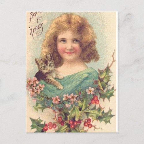 Christmas Vintage Girl With Cat Holiday Postcard