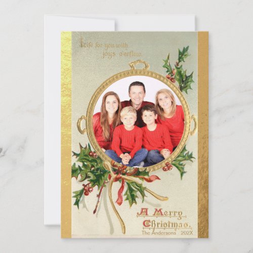 Christmas Vintage Holly Photo in Faux Gold Circle Holiday Card