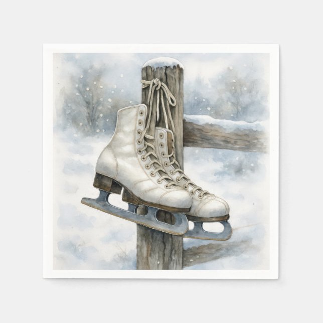 Christmas Vintage Ice Skates On Fence Post Napkins (Front)