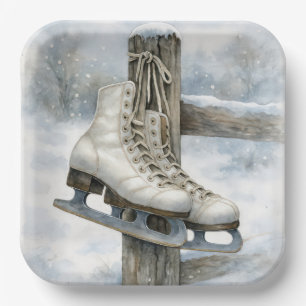Christmas Vintage Ice Skates On Fence Post Paper Plates