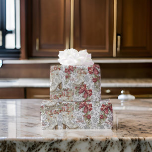 Christmas Vintage Ice Skates Plaid Holly Silver Wrapping Paper