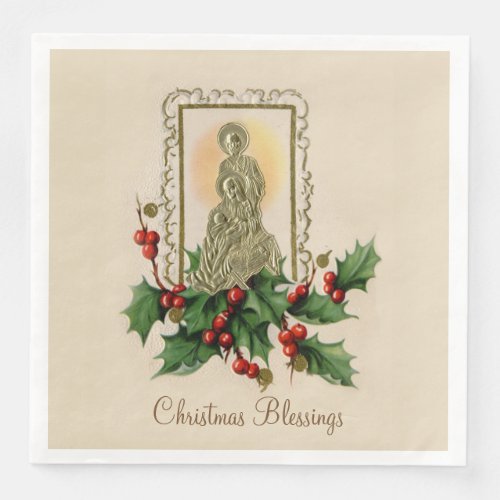 Christmas Vintage Nativity Holly Berries Paper Dinner Napkins