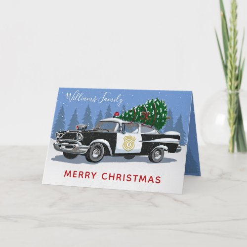 Christmas Vintage Police Car Number Tree  Holiday Card