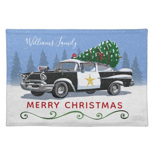 Christmas Vintage Police Car Script Family Name Cloth Placemat