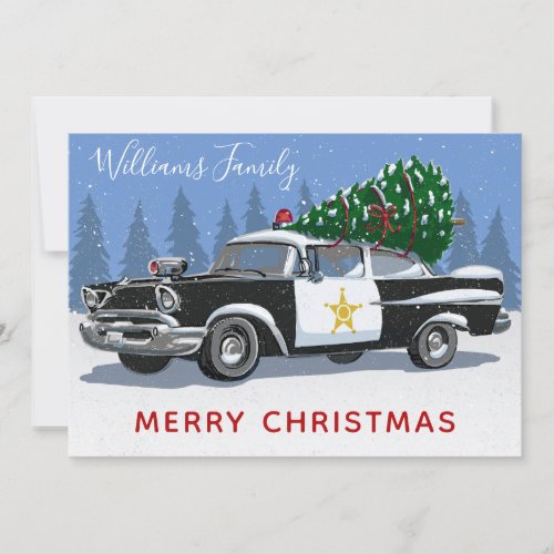 Christmas Vintage Police Car Tree Monogram Holiday Card