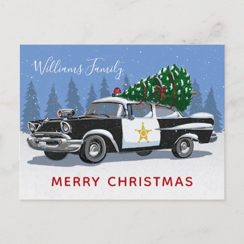 Christmas Vintage Police Car Tree Monogram Holiday Postcard