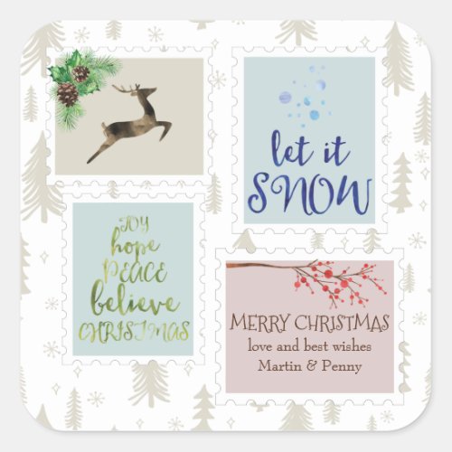Christmas Vintage Postage Stamps Personalized Square Sticker