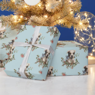 Christmas Vintage Puppy Dog Dusty Blue Pattern Wrapping Paper