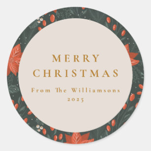 Christmas Vintage Red Botanical Greenery Custom Classic Round Sticker