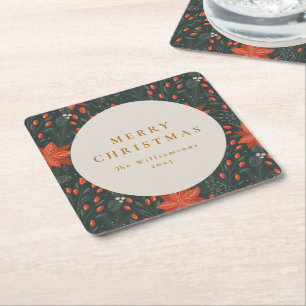 Christmas Vintage Red Botanical Greenery Custom Square Paper Coaster