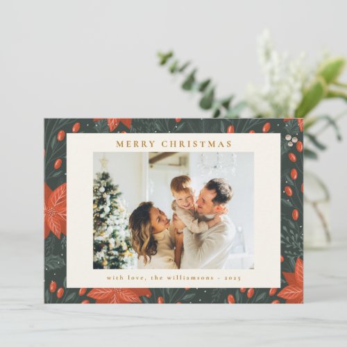 Christmas Vintage Red Botanical Greenery Two Photo Holiday Card