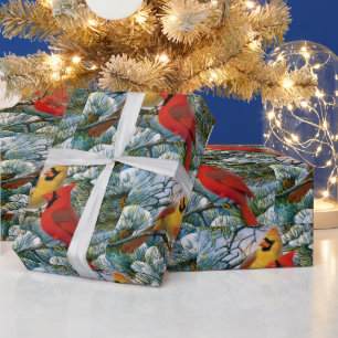 Christmas Vintage Red Cardinals Snow Gifts Present Wrapping Paper