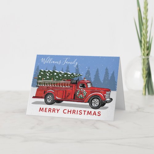 Christmas Vintage Red Fire Truck Family Name Holiday Card