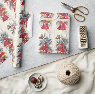 Christmas Vintage Red Glitter Bells Blue Bow Holly Wrapping Paper