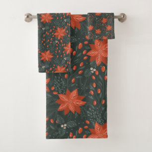 Christmas Vintage Red Green Berries Poinsettia Bath Towel Set