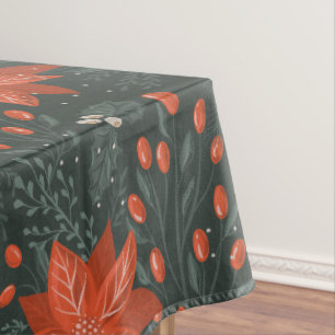 Christmas Vintage Red Green Berries Poinsettia Tablecloth