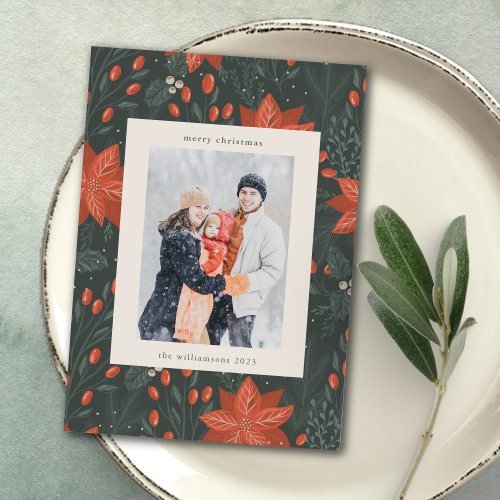 Christmas Vintage Red Greenery Two Vertical Photo Holiday Card