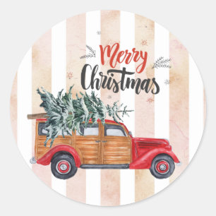 Christmas Vintage Red Panel Truck Classic Round Sticker