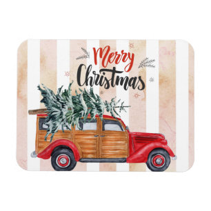 Christmas Vintage Red Panel Truck Magnet