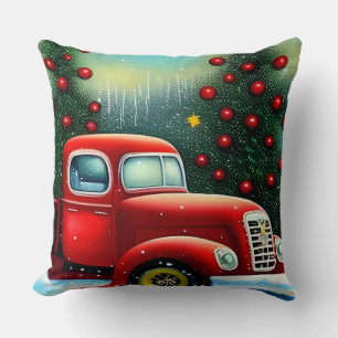 Christmas Vintage Red Truck and Snow Trees Throw P Throw Pillow