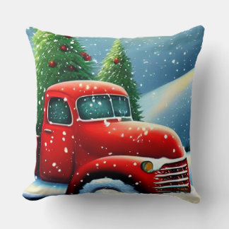 Christmas Vintage Red Truck and Snow Trees Throw Pillow