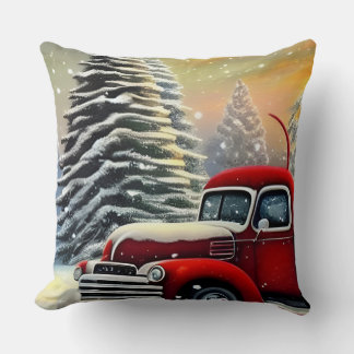 Christmas Vintage Red Truck and Snow Trees Throw Pillow