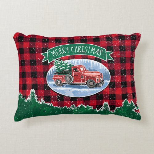 Christmas Vintage Red Truck Buffalo Plaid Add Name Accent Pillow
