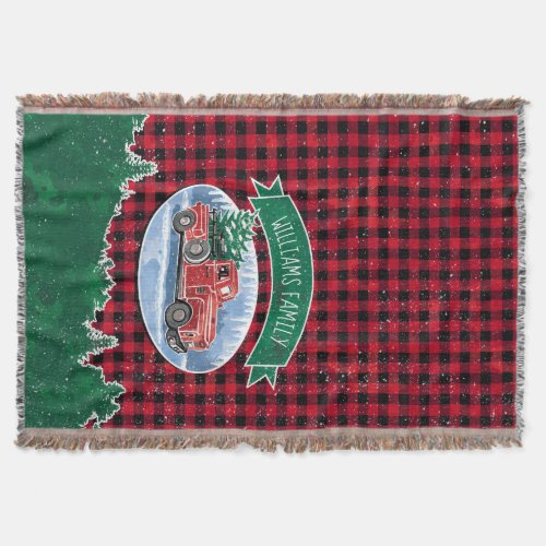 Christmas Vintage Red Truck Buffalo Plaid Add Name Throw Blanket