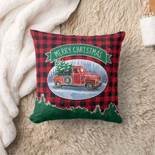 Christmas Vintage Red Truck Buffalo Plaid Add Name Throw Pillow