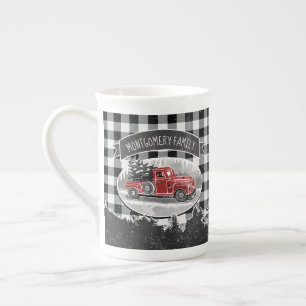Christmas Vintage Red Truck Buffalo Plaid Name Bone China Mug