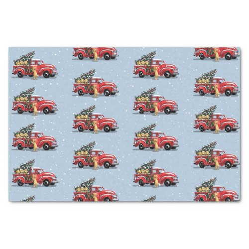 Christmas Vintage Red Truck Dogs Blue Gray Snow Tissue Paper