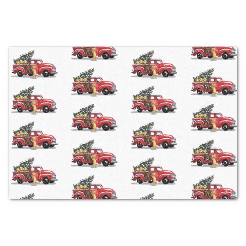Christmas Vintage Red Truck Dogs on White Snow Tissue Paper