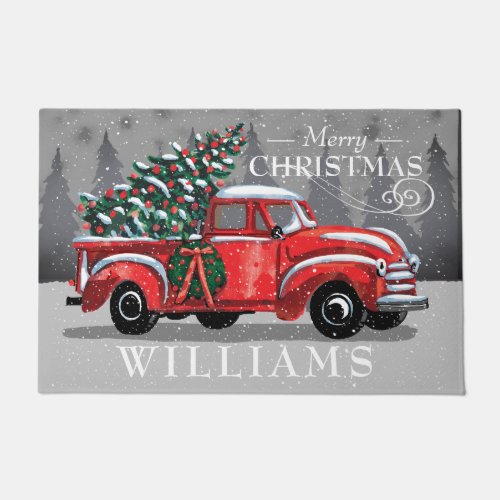Christmas Vintage Red Truck Family Name Retro Doormat