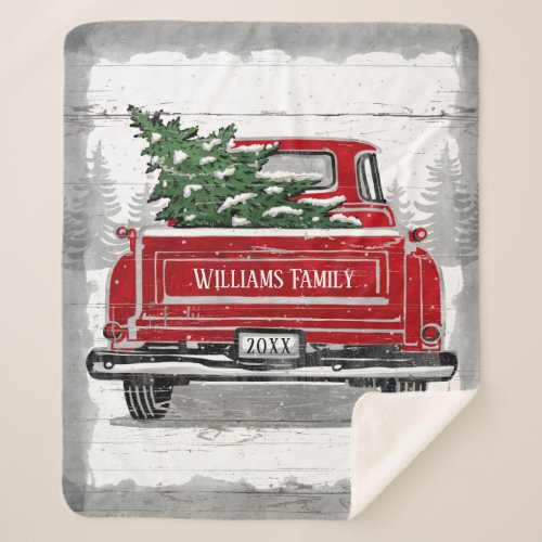 Christmas Vintage Red Truck Family Name Rustic Sherpa Blanket
