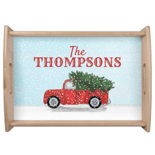 Christmas Vintage Red Truck Holiday Winter Snow Serving Tray