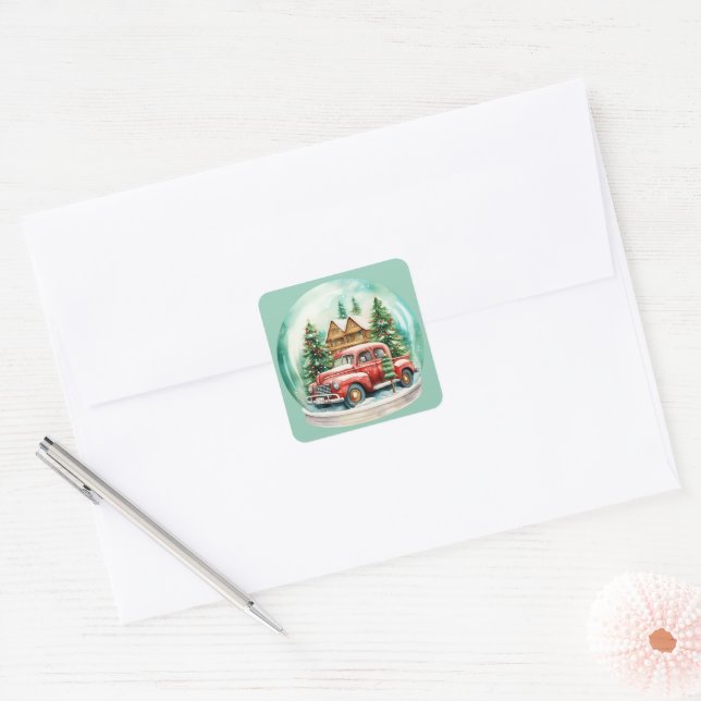 Christmas Vintage Red Truck In A Snowglobe Square Sticker (Envelope)