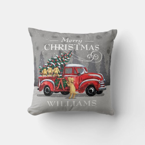 Christmas Vintage Red Truck Lab Dogs Family Name Throw Pillow